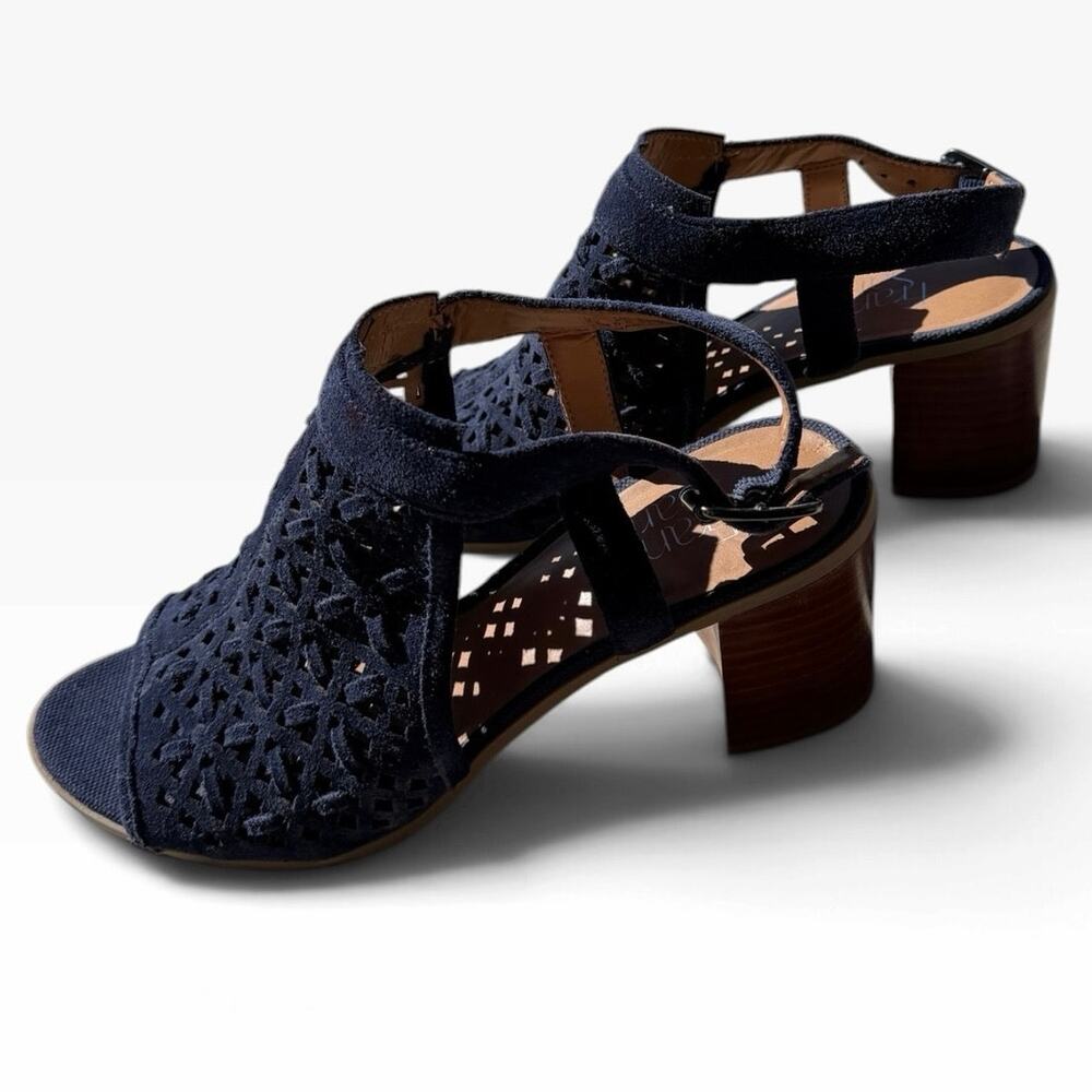 Franco Sarto Harlet3 Navy Blue Suede Laser Cut Sandals Size 7.5